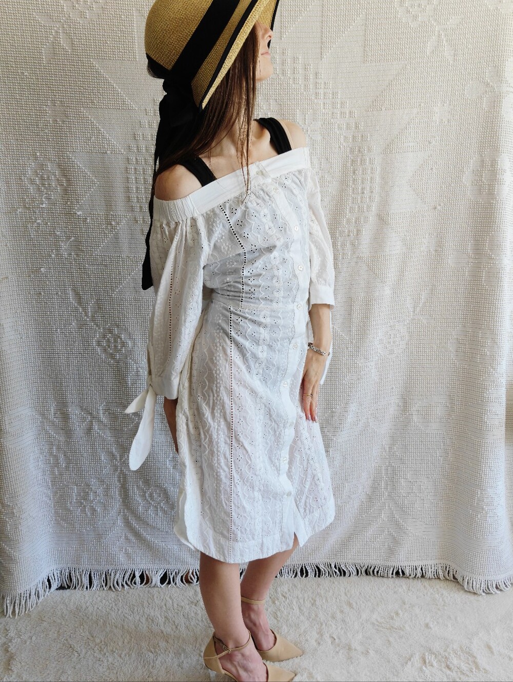 NWT The Yellow Hanger White Cotton Eyelet Off Shoulder Beach Coverup Dress Small
